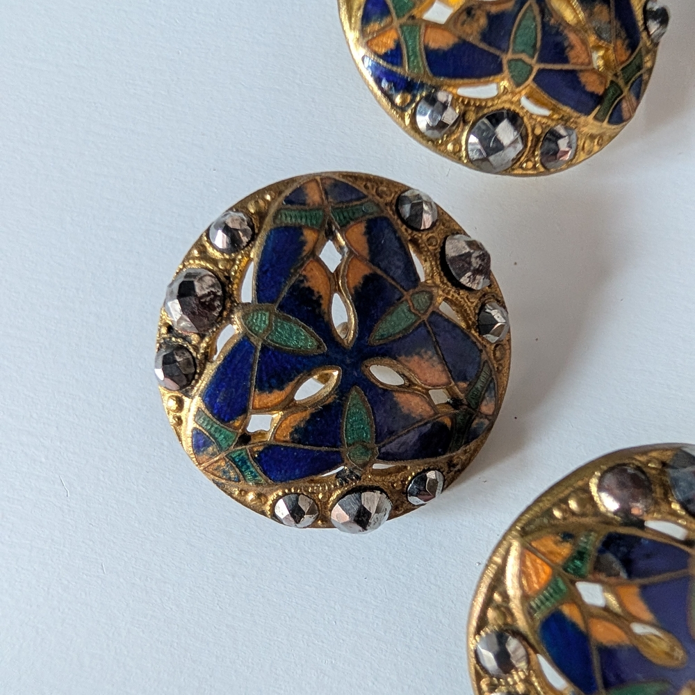 Antique French Cloisonne Reticulated Brass Buttons - Picture 4 of 7